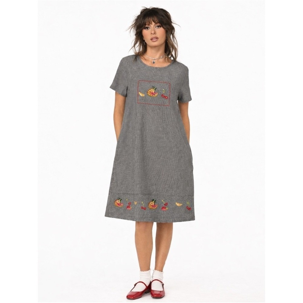 Jane Ashley Embroidered Fruit Dress Cottagecore Picnic Midi M Y2K 90s kidcore